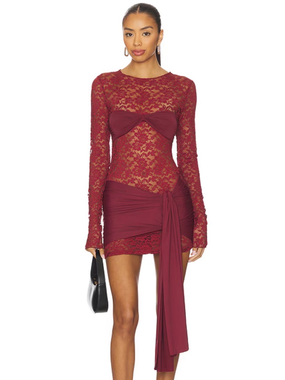 Lioness Burgundy Lace Long-Sleeve Mini Dress with Draped Sash